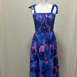 Pretty Garden pink and blue sundress, tie closure at shoulders, lined, medium